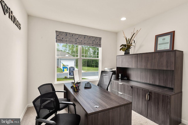 office area with carpet flooring, recessed lighting, and baseboards