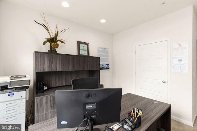 office with light carpet, recessed lighting, and baseboards