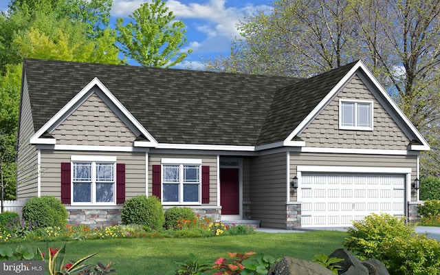 view of front facade with a front yard, stone siding, and roof with shingles