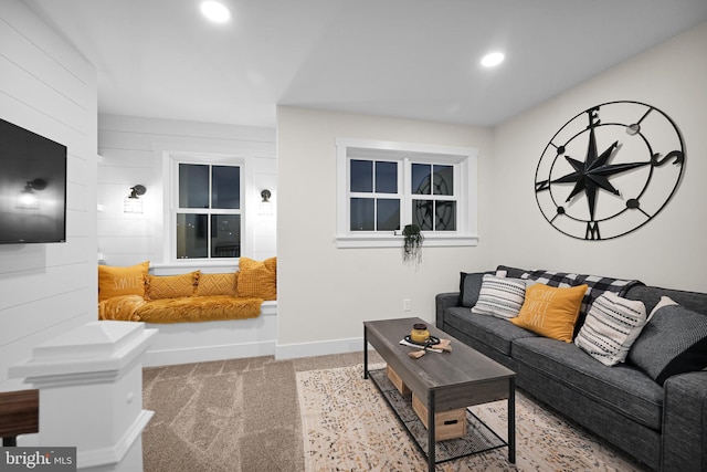 living room featuring light colored carpet