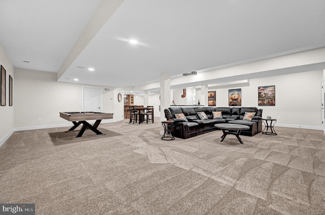 game room with light colored carpet and pool table