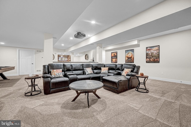 carpeted living room with billiards