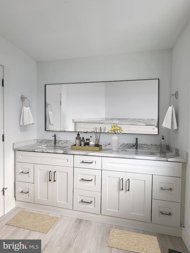 bathroom with hardwood / wood-style floors and vanity