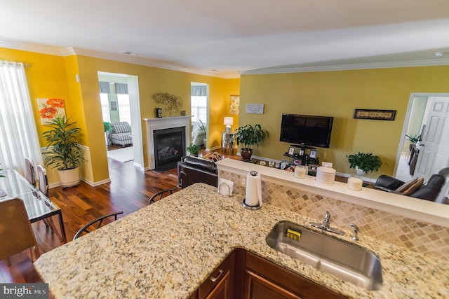 kitchen with crown molding, dark wood-type flooring, sink, and light stone counters