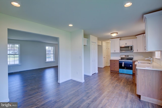 kitchen with light countertops, appliances with stainless steel finishes, dark wood-style flooring, and a sink