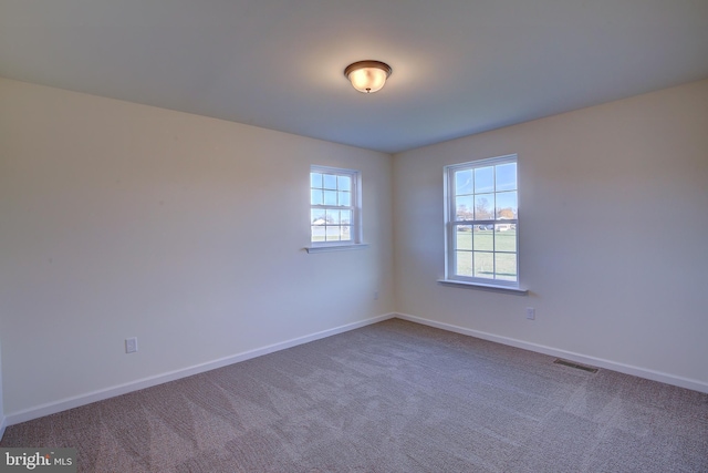 empty room featuring a wealth of natural light, carpet, visible vents, and baseboards