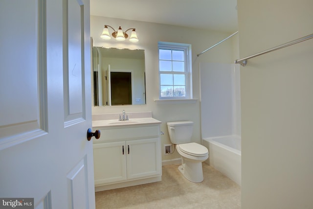 bathroom featuring washtub / shower combination, vanity, toilet, and tile patterned floors