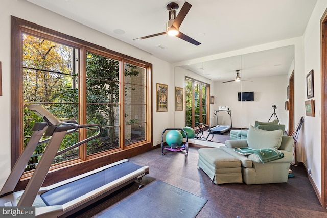 exercise area featuring ceiling fan