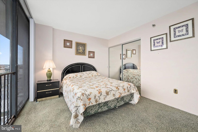 bedroom featuring a closet and light carpet