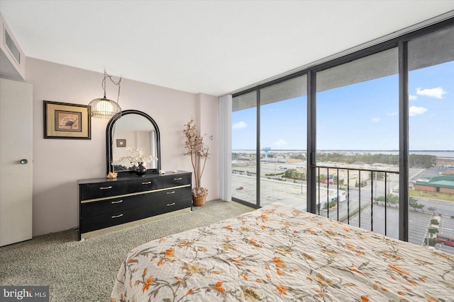 carpeted bedroom featuring expansive windows and access to exterior