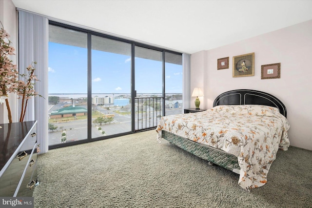 bedroom featuring carpet floors, a water view, floor to ceiling windows, and multiple windows