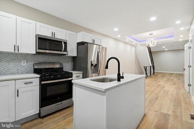 kitchen with appliances with stainless steel finishes, tasteful backsplash, a raised ceiling, light hardwood / wood-style floors, and sink