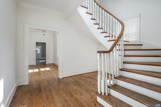 stairs featuring crown molding and dark hardwood / wood-style flooring
