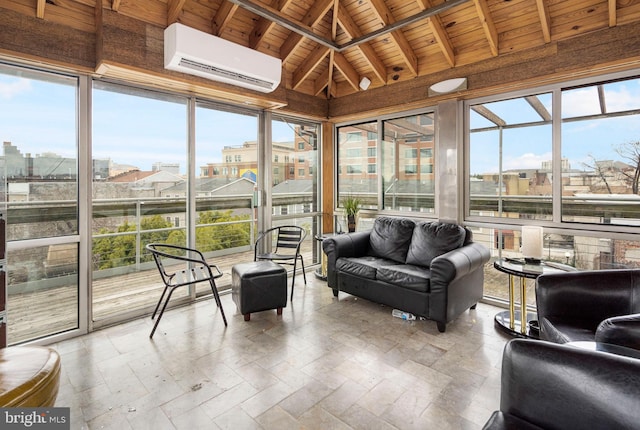 sunroom featuring wood ceiling, vaulted ceiling with beams, and an AC wall unit