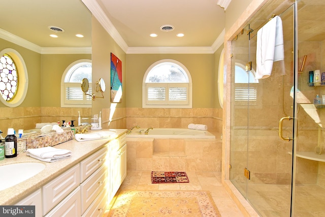 bathroom with ornamental molding and a healthy amount of sunlight