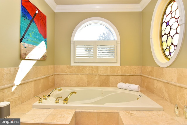 bathroom featuring tiled tub and crown molding