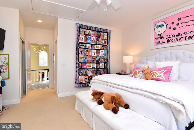 carpeted bedroom with ceiling fan