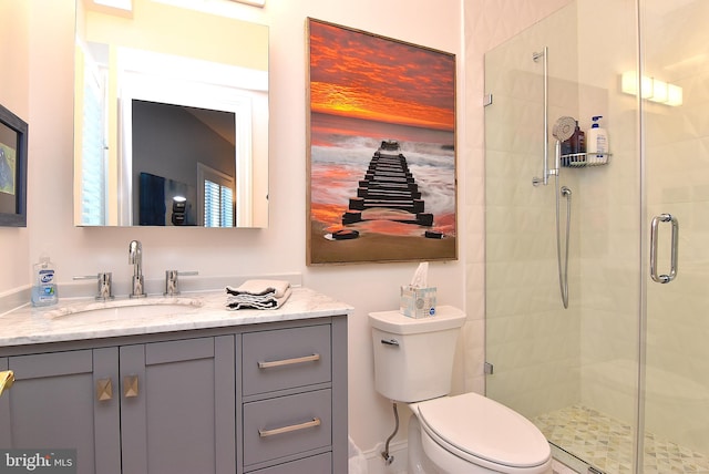 bathroom featuring toilet, vanity, and a shower with shower door