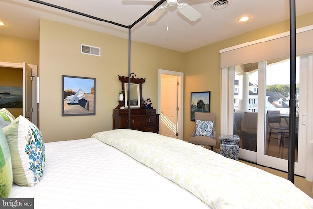 bedroom featuring ceiling fan and access to exterior