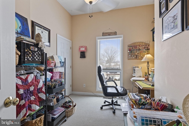 office area with ceiling fan and light colored carpet