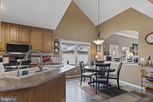 kitchen featuring light wood-type flooring, lofted ceiling, backsplash, stainless steel appliances, and decorative light fixtures