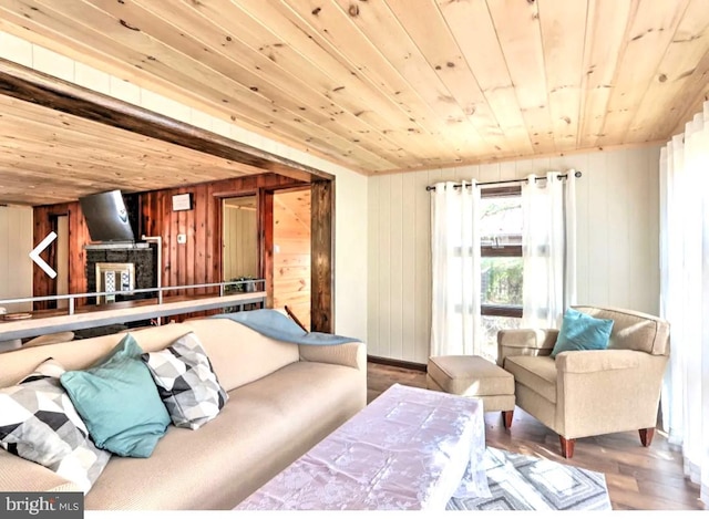 living room with dark hardwood / wood-style floors, wood walls, and wooden ceiling