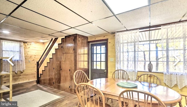 dining room with a paneled ceiling, wooden walls, and dark wood-type flooring