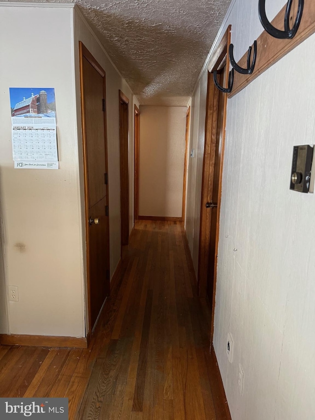 hallway with a textured ceiling and dark wood-type flooring