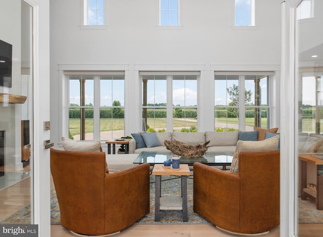 living room with a wealth of natural light and light hardwood / wood-style floors