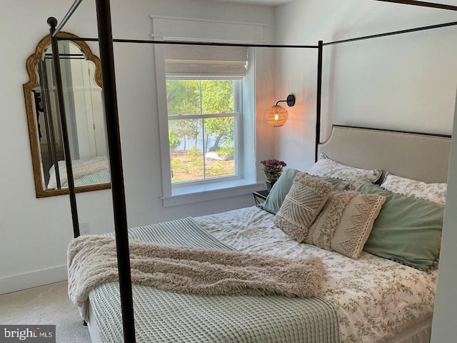 bedroom with light colored carpet