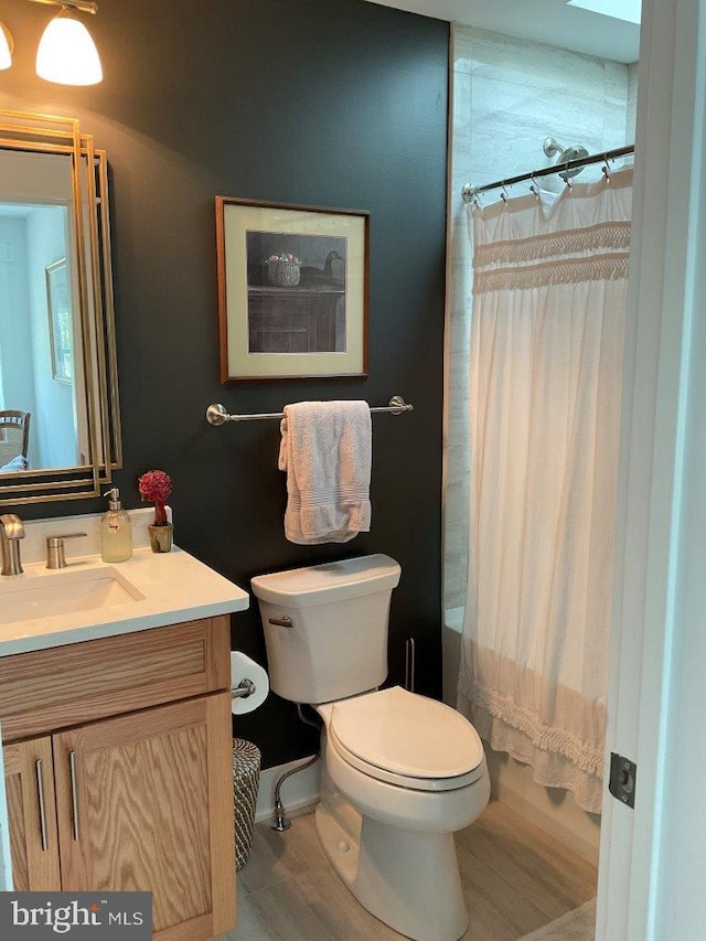 bathroom with toilet, vanity, and wood-type flooring