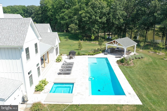 view of pool featuring a gazebo, a yard, and a patio