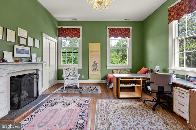 office featuring plenty of natural light and a fireplace