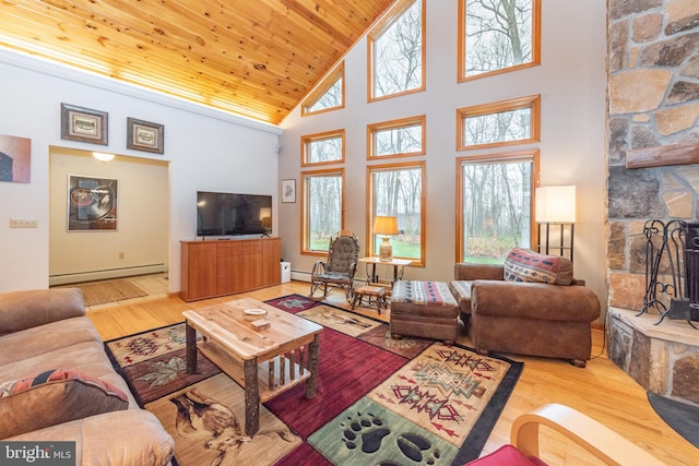 living room with a baseboard heating unit, high vaulted ceiling, wooden ceiling, wood-type flooring, and a stone fireplace