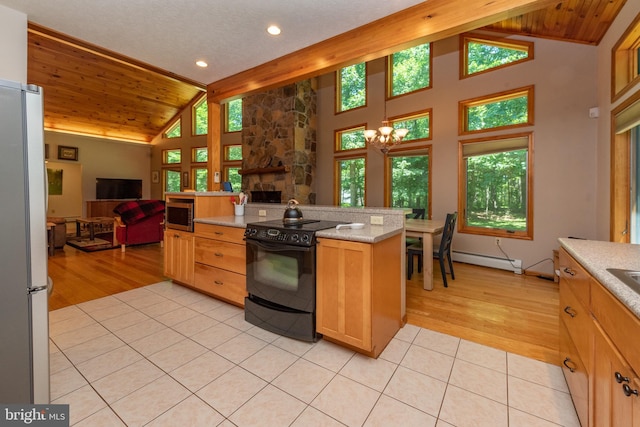 kitchen with black / electric stove, white fridge, high vaulted ceiling, and light wood-type flooring