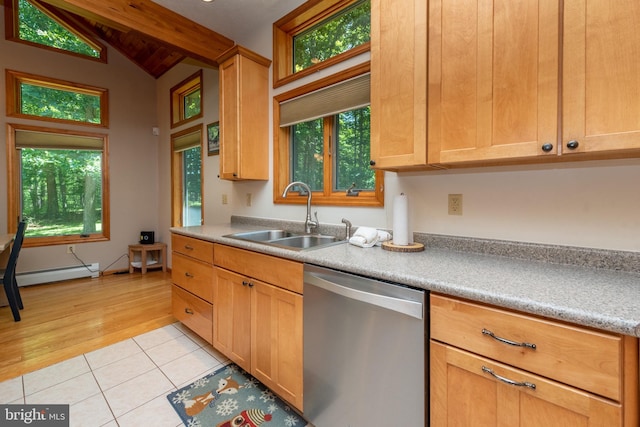 kitchen with vaulted ceiling with beams, baseboard heating, sink, stainless steel dishwasher, and light hardwood / wood-style floors