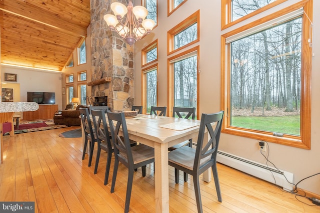 dining room featuring light wood-type flooring, a fireplace, and a healthy amount of sunlight