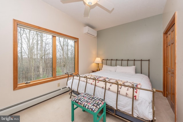 carpeted bedroom with multiple windows, a wall mounted AC, a baseboard radiator, and ceiling fan