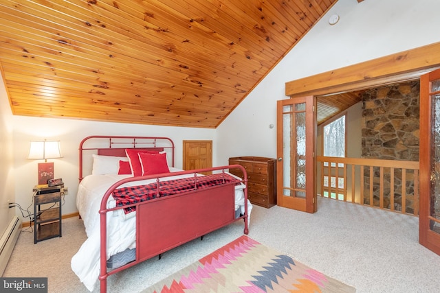 bedroom with light carpet, lofted ceiling, and wood ceiling