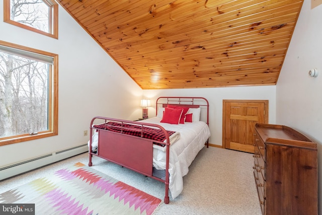 carpeted bedroom with lofted ceiling, a baseboard heating unit, and wood ceiling