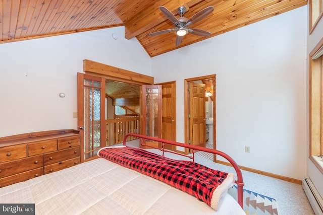 carpeted bedroom with vaulted ceiling with beams, wood ceiling, baseboard heating, and ceiling fan