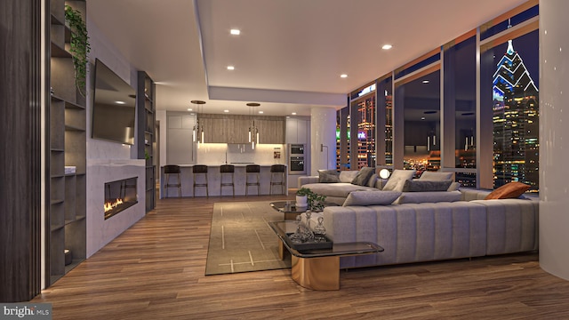 living room with dark wood-type flooring