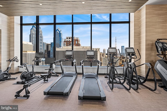 workout area featuring a wall of windows, dark carpet, and a wealth of natural light