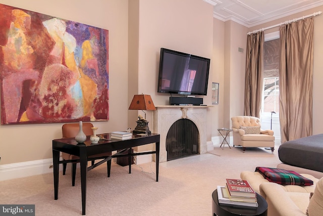 interior space with ornamental molding, a high end fireplace, and light carpet