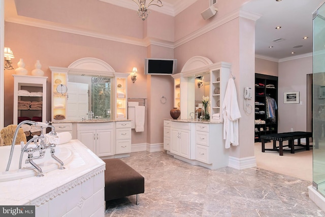 bathroom with crown molding, vanity, plus walk in shower, and a chandelier