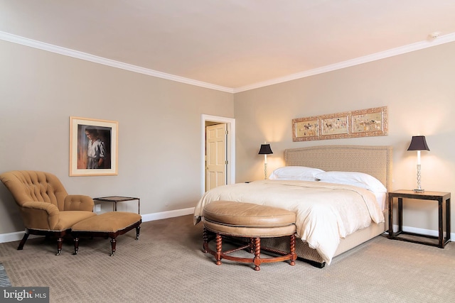 carpeted bedroom featuring ornamental molding