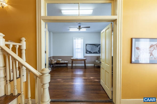 hallway with dark hardwood / wood-style flooring