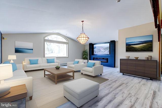 living room with lofted ceiling, baseboard heating, and light wood-type flooring