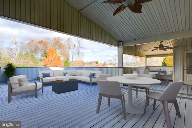 deck with outdoor lounge area and ceiling fan