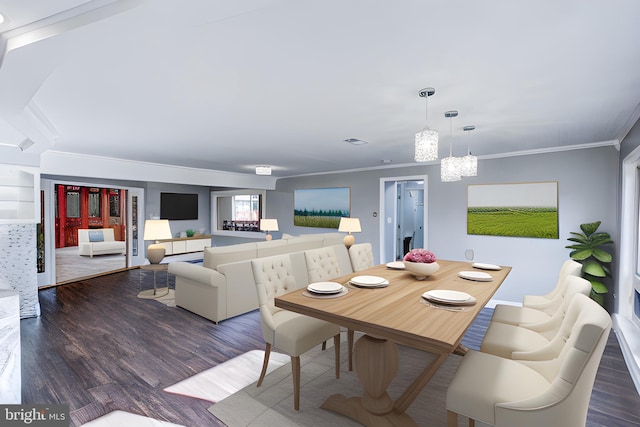 dining room featuring a chandelier, dark hardwood / wood-style floors, and ornamental molding